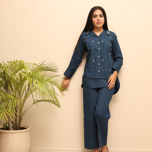 Dark Blue Coord Set with silver stones