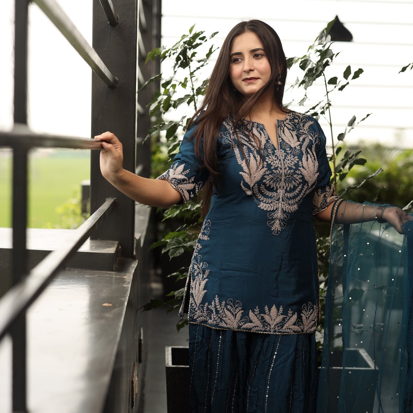 Blue Heavy Embroided Suit With Neck Work