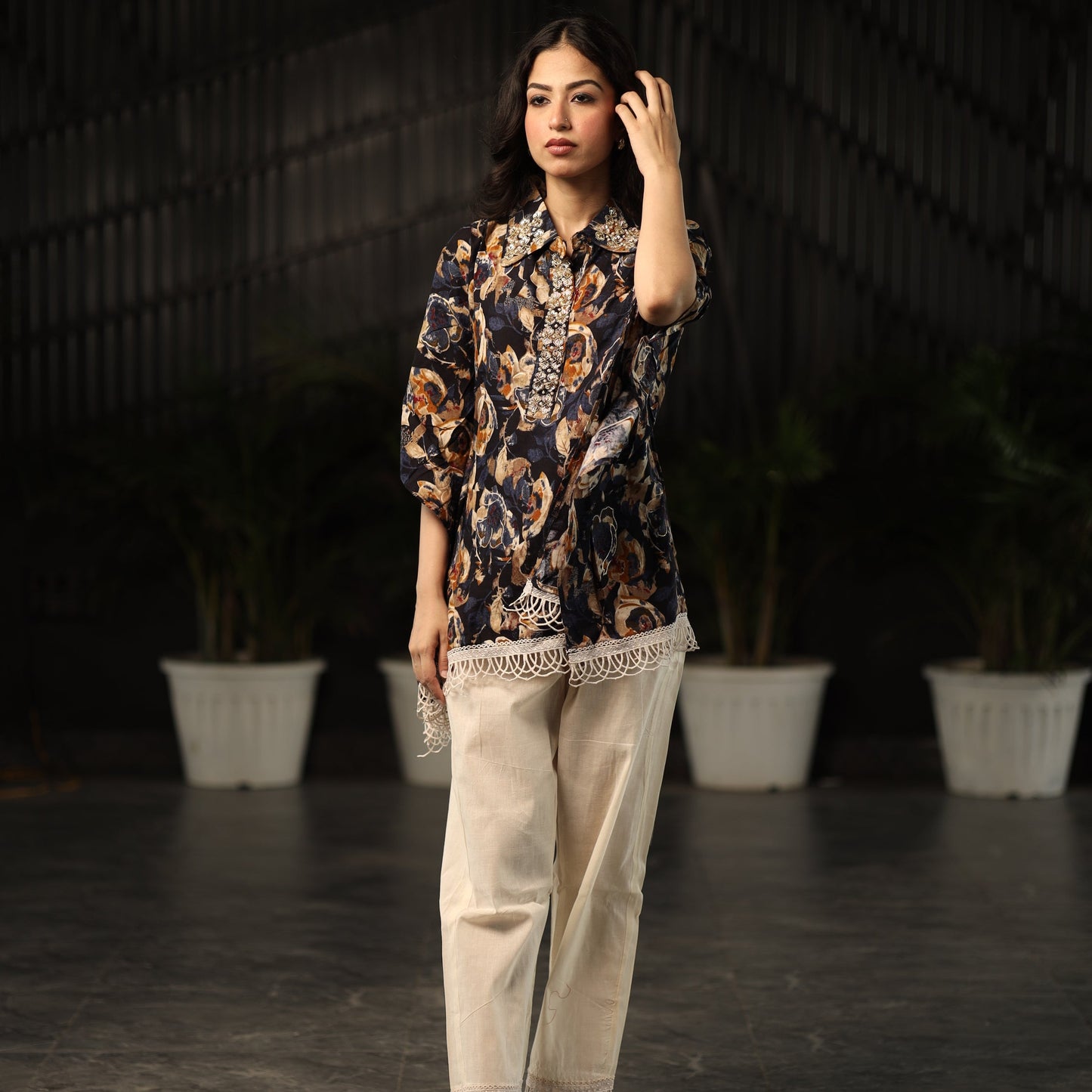 Dark Blue Print Flowers Coord Set