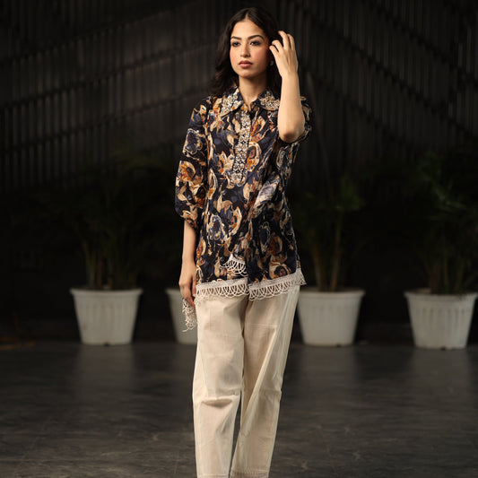 Dark Blue Print Flowers Coord Set