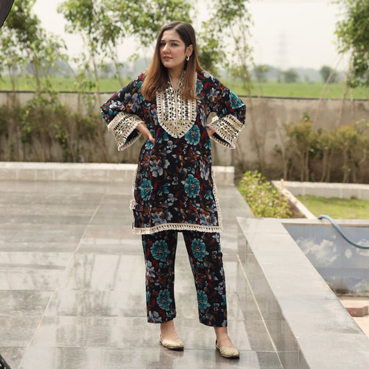 Flower Coord set with golden neck work