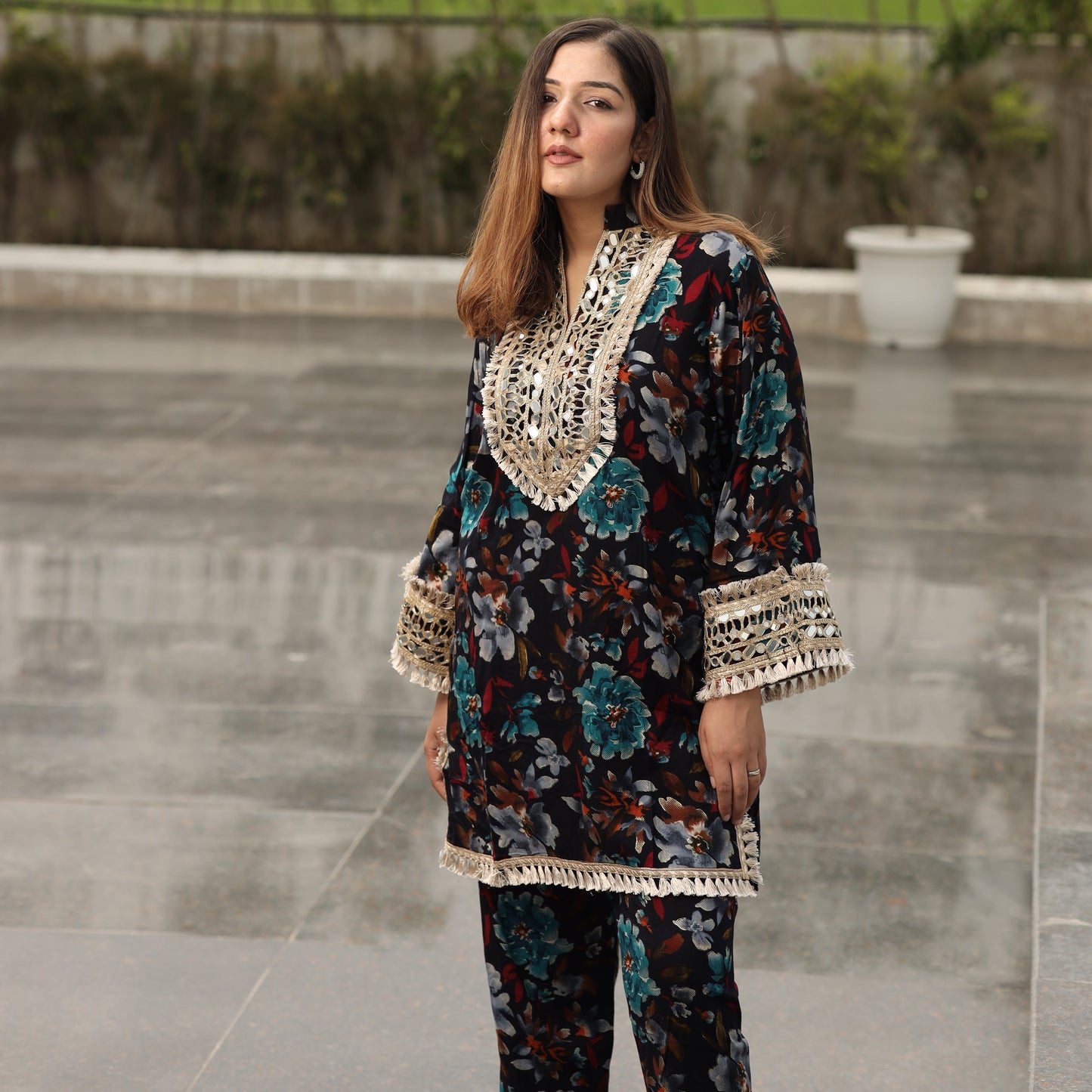 Flower Coord set with golden neck work
