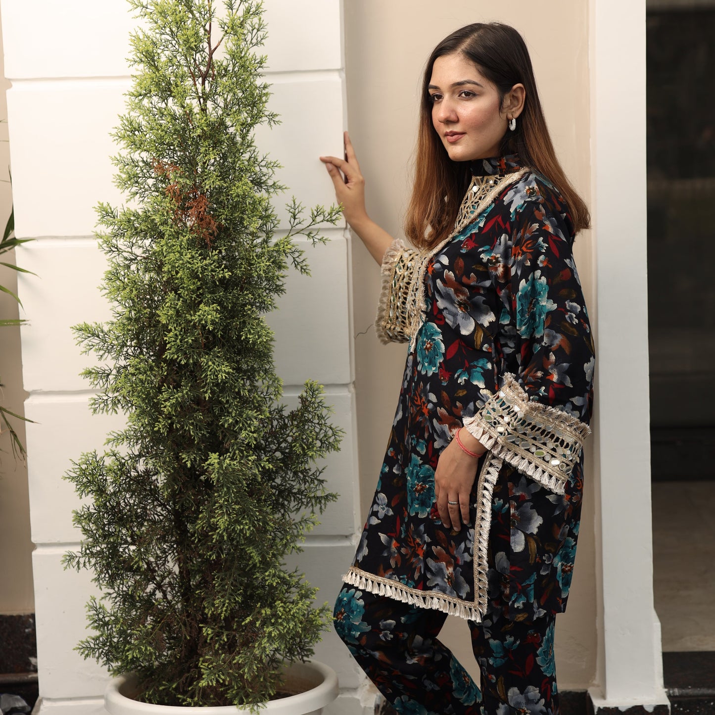 Flower Coord set with golden neck work