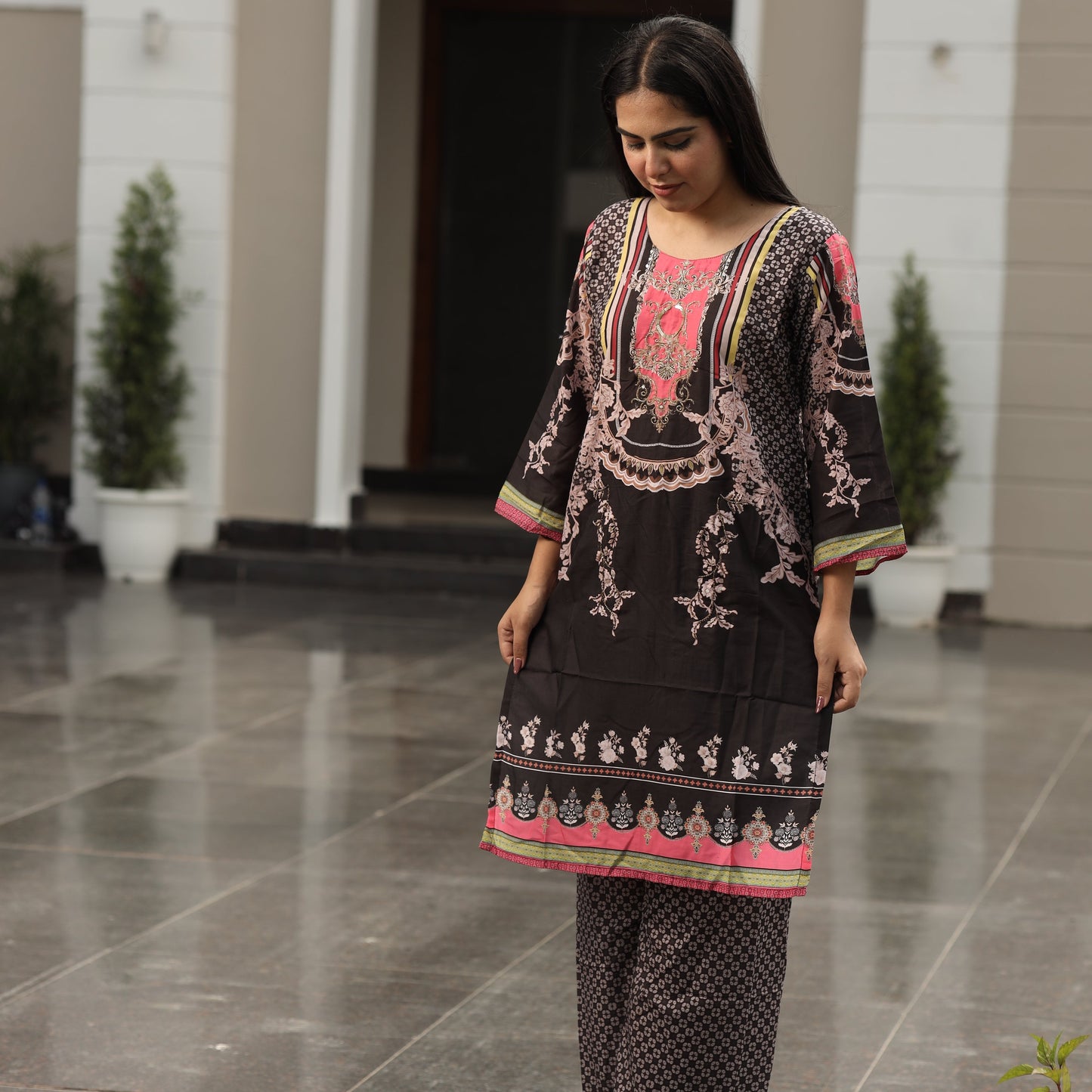 Black coord set with pink neck work