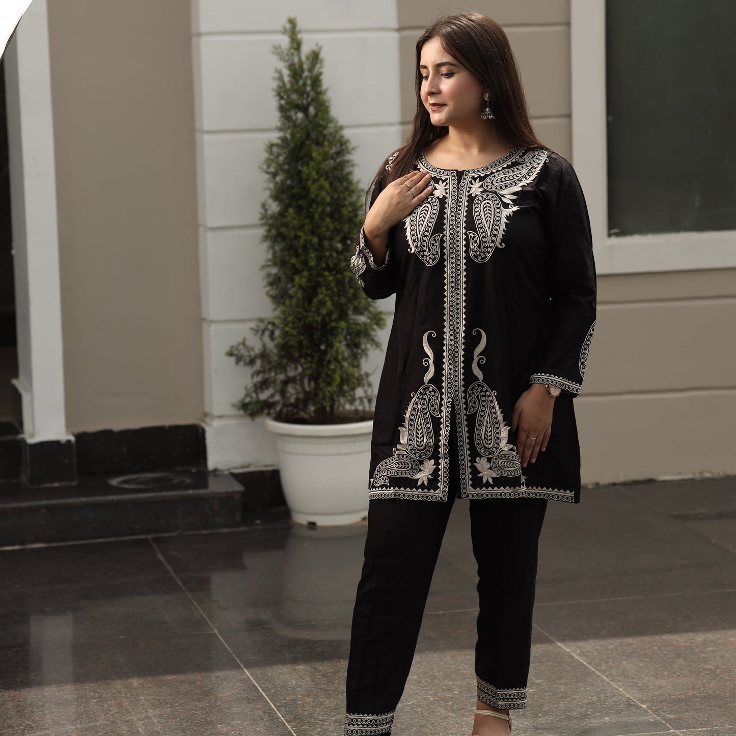 Black Coord set with white neck button flower