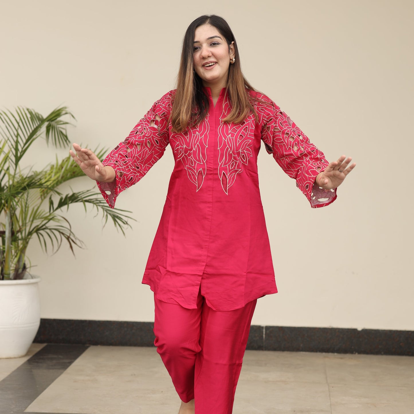 Red Coord Set with leaf cut