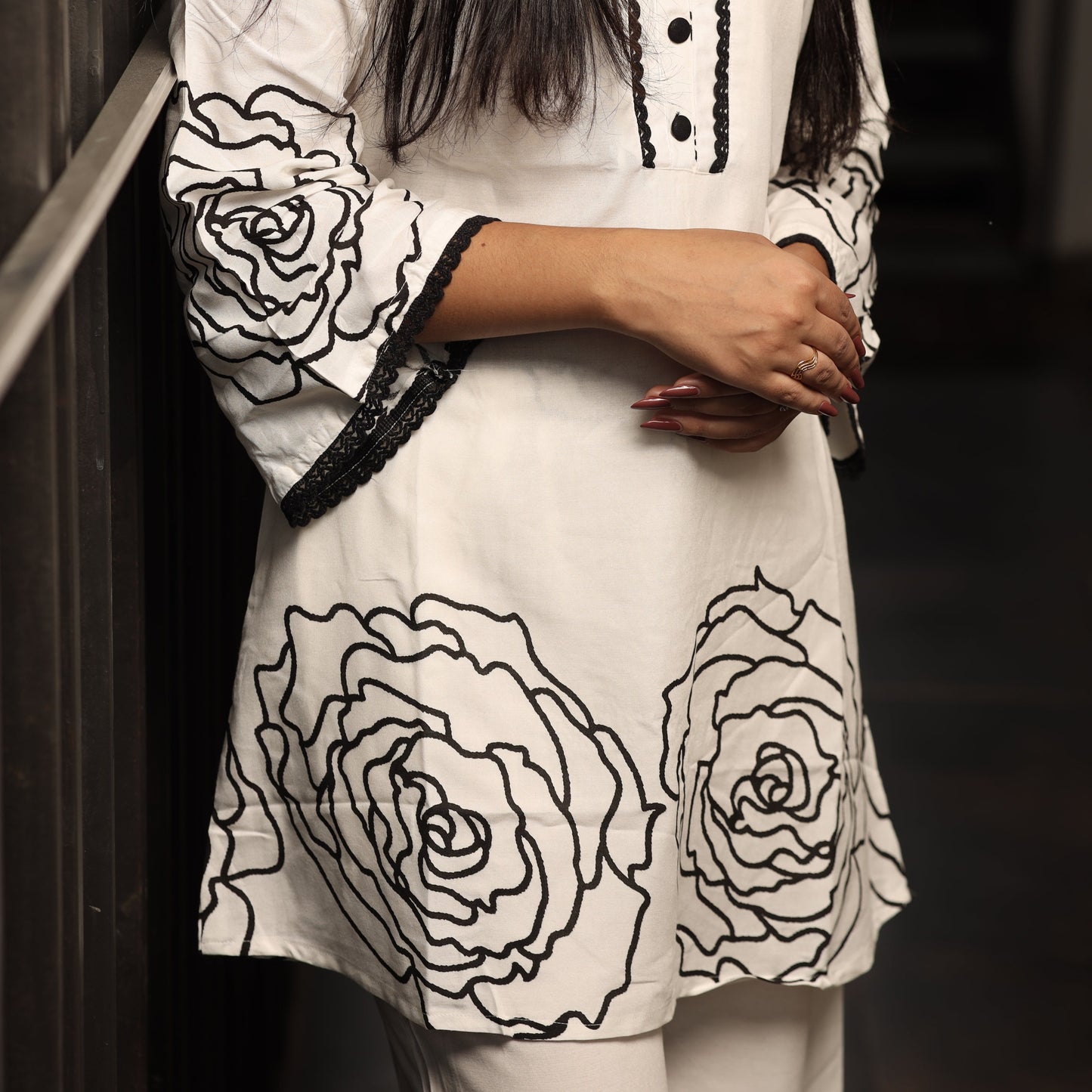 White Coord Set with Black Thread Flowers