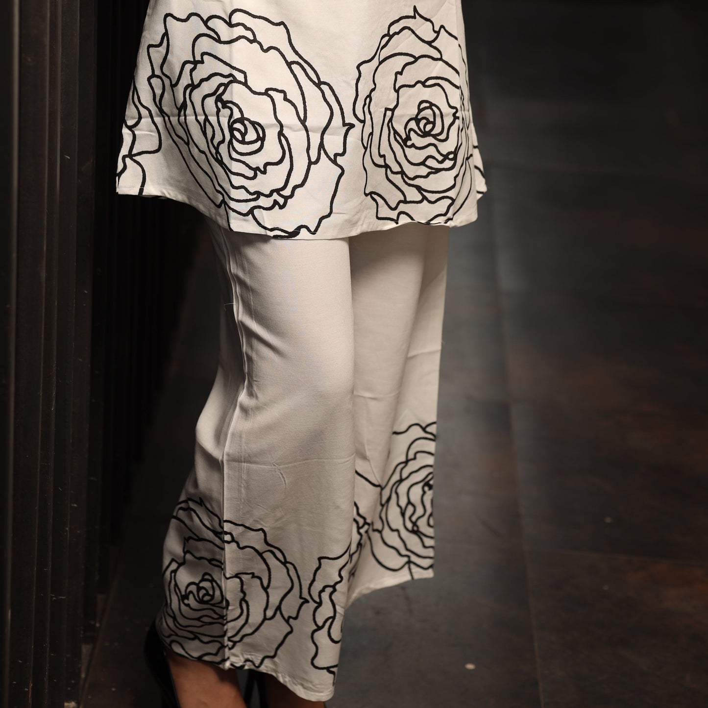 White Coord Set with Black Thread Flowers