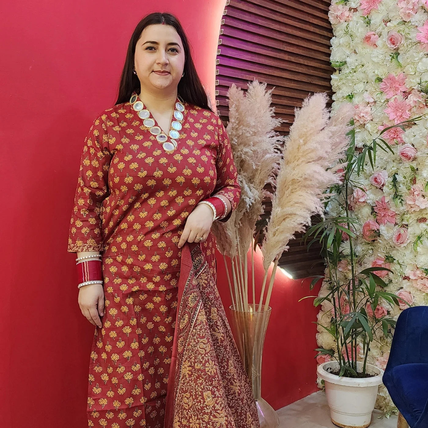 Cherry Red Cotton Suit With Mirror Work Neckline