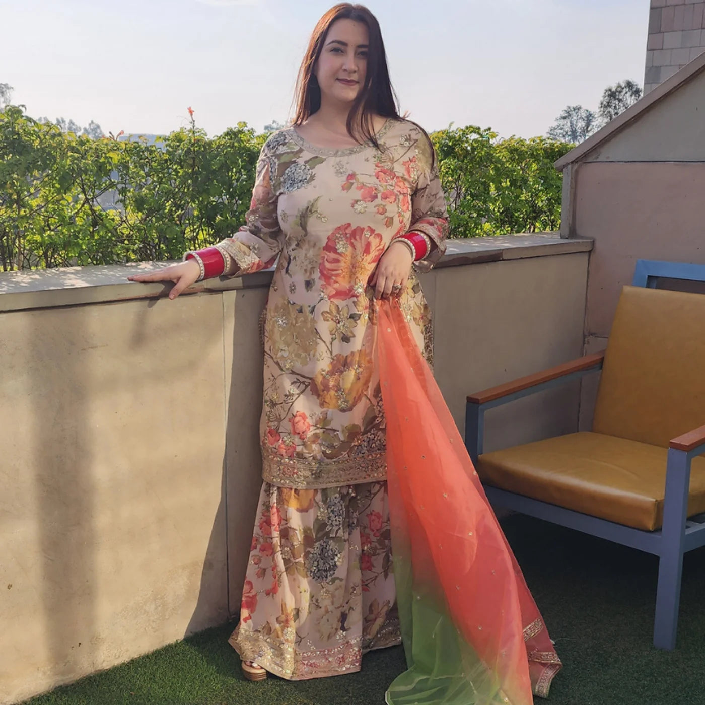 Beige Gharara Suit with Net Dupatta