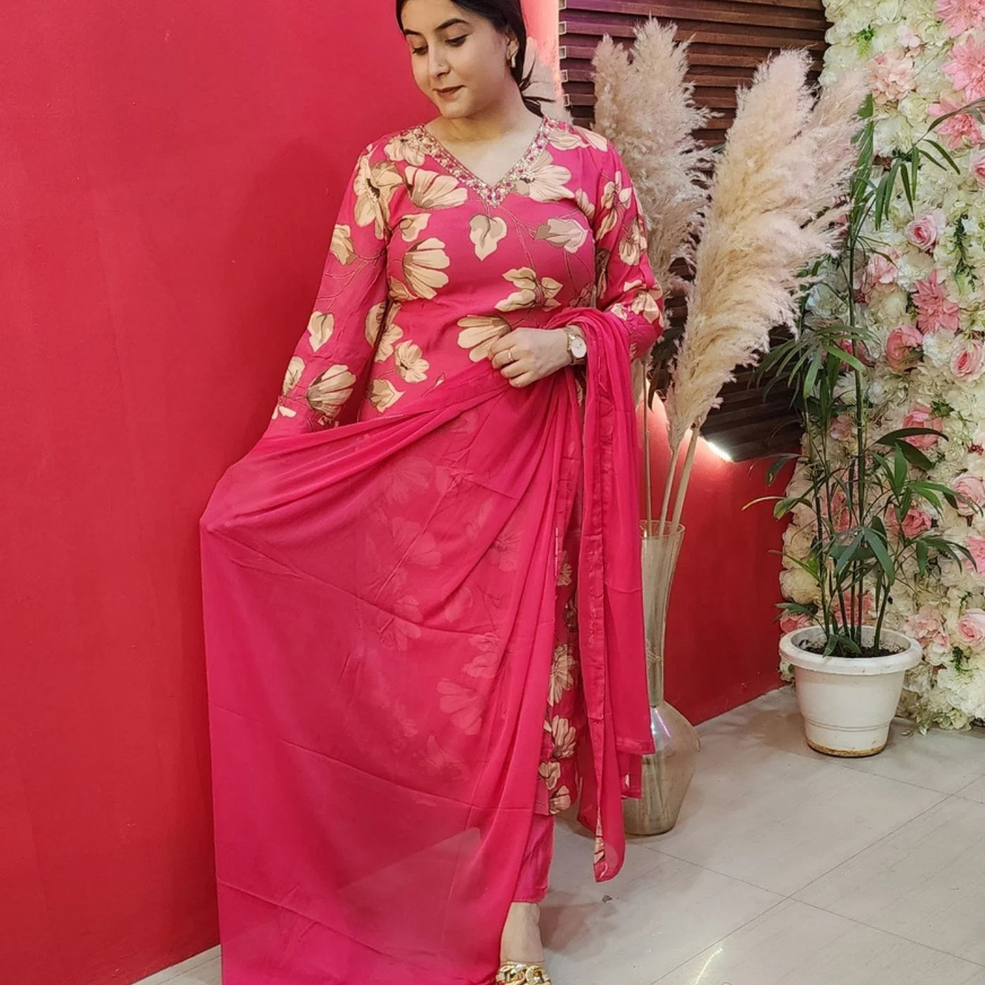 Pink Fushia Pink Floral Muslin Suit