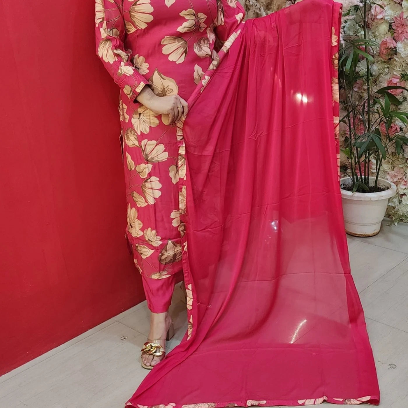 Pink Fushia Pink Floral Muslin Suit
