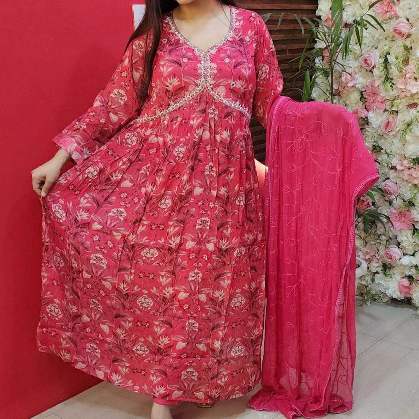 Magenta Pink Floral Georgette Suit