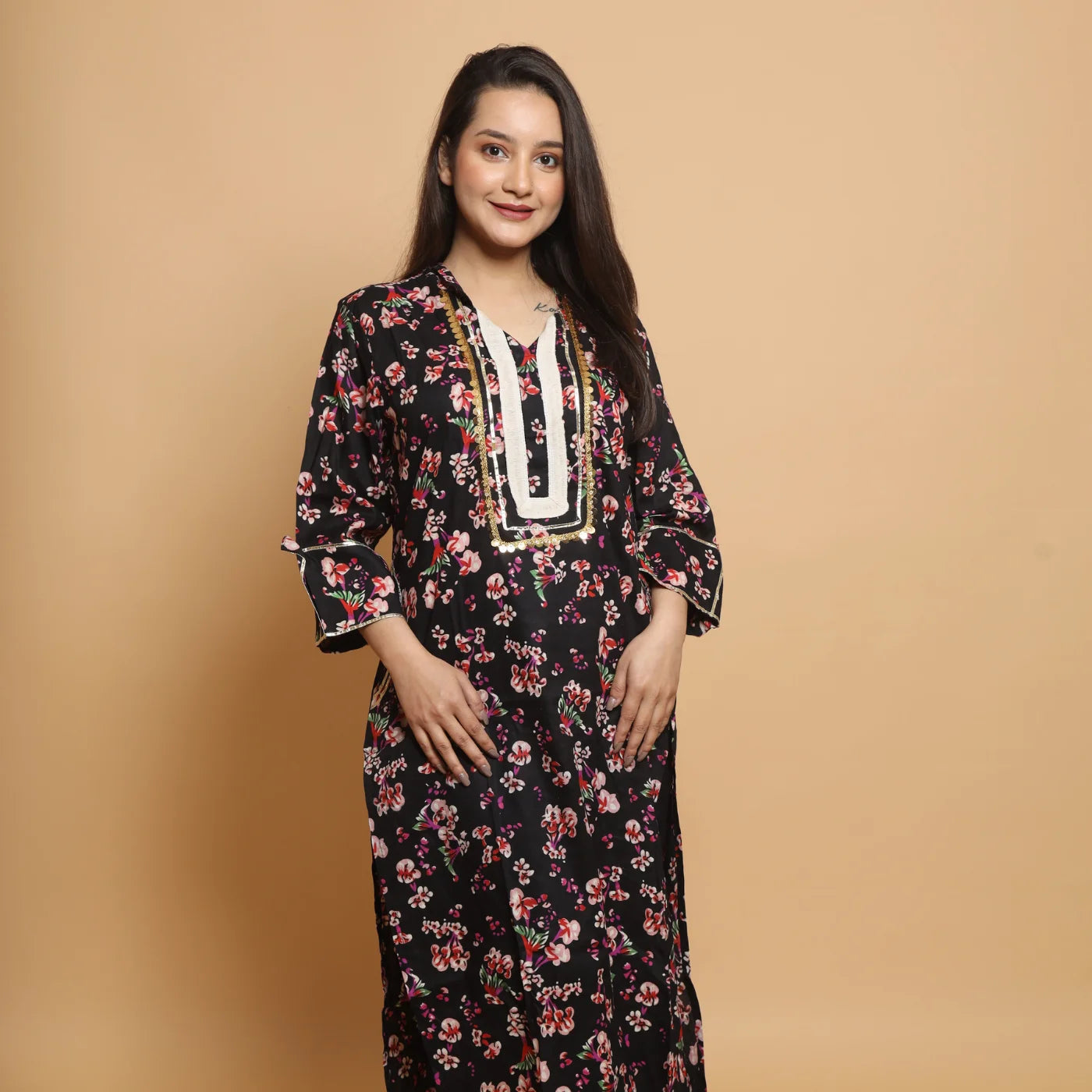 Black Cotton Kurta with Afgani
