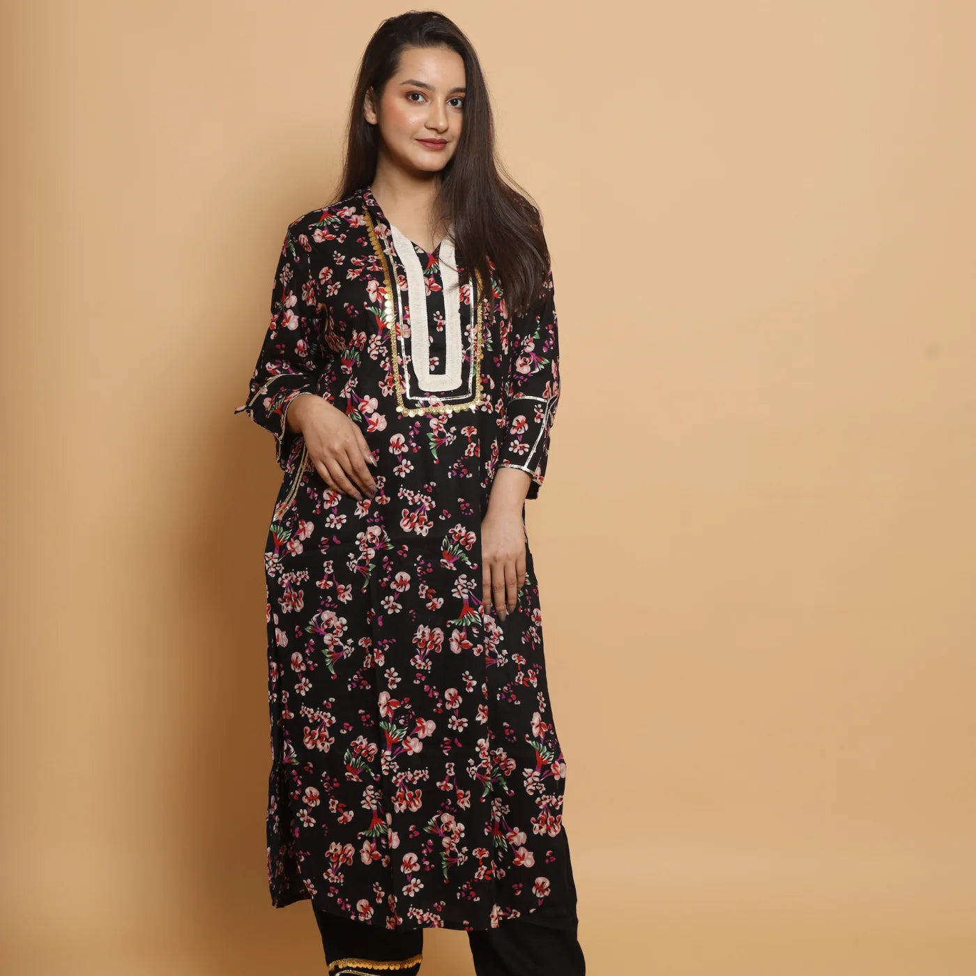 Black Cotton Kurta with Afgani