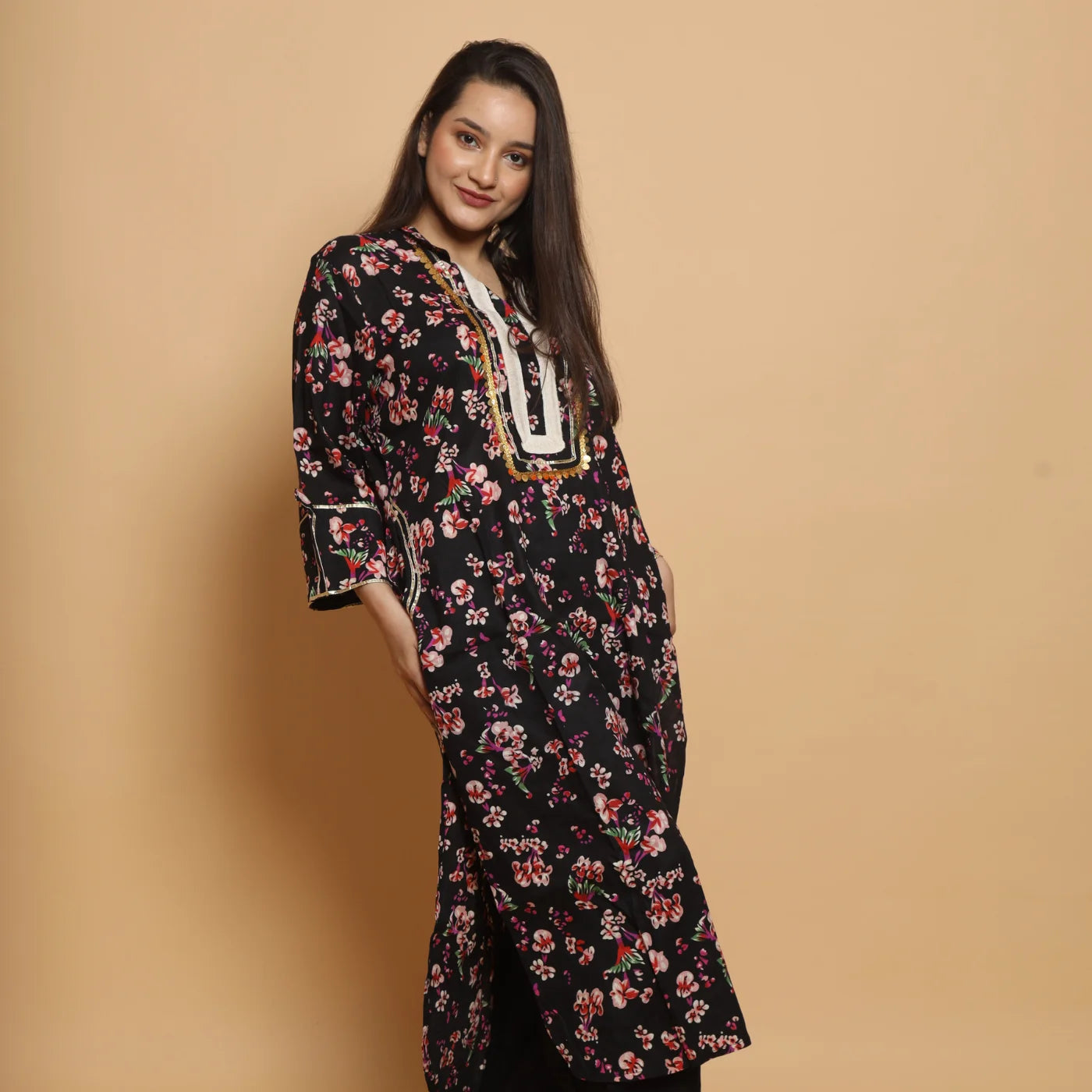 Black Cotton Kurta with Afgani