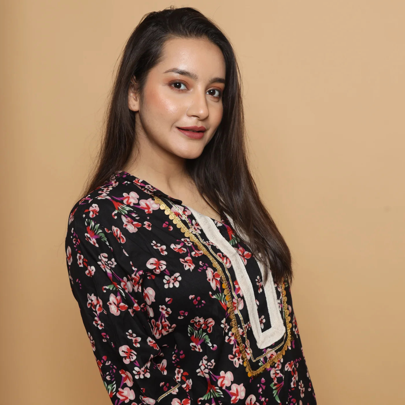 Black Cotton Kurta with Afgani