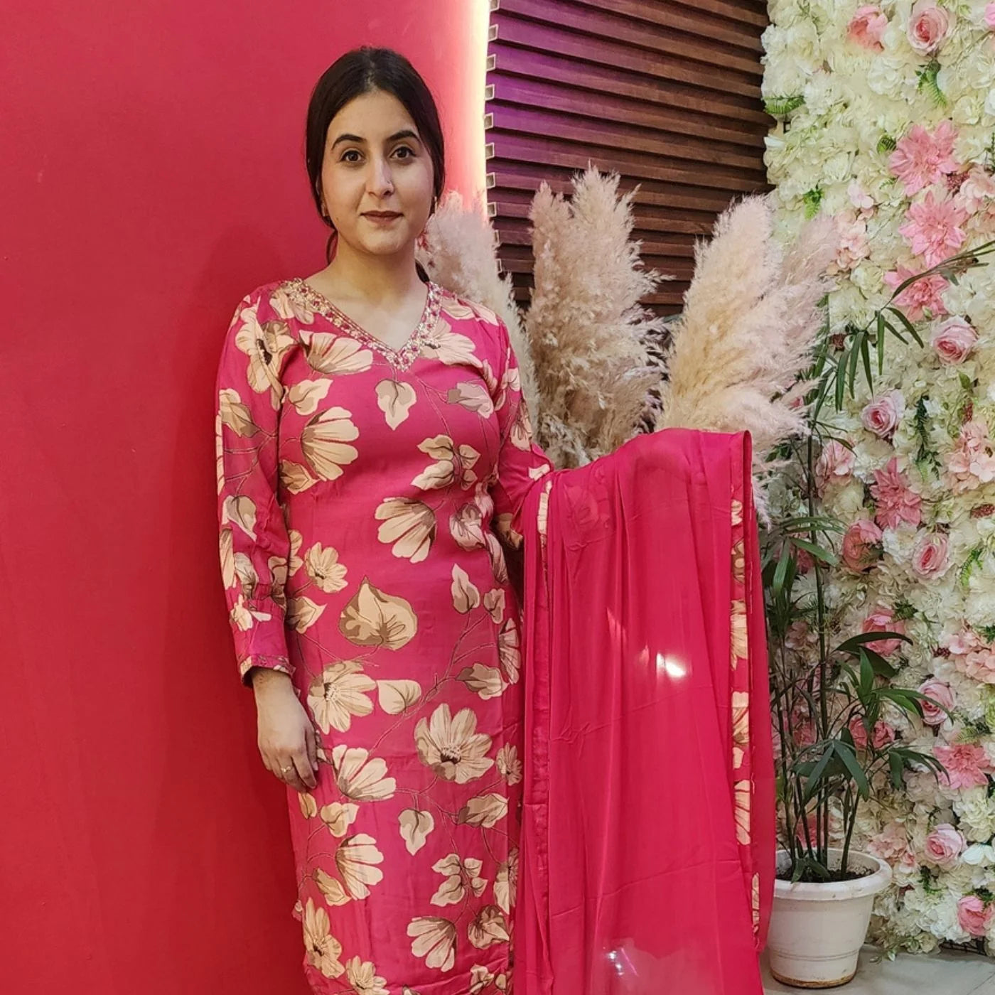 Pink Fushia Pink Floral Muslin Suit