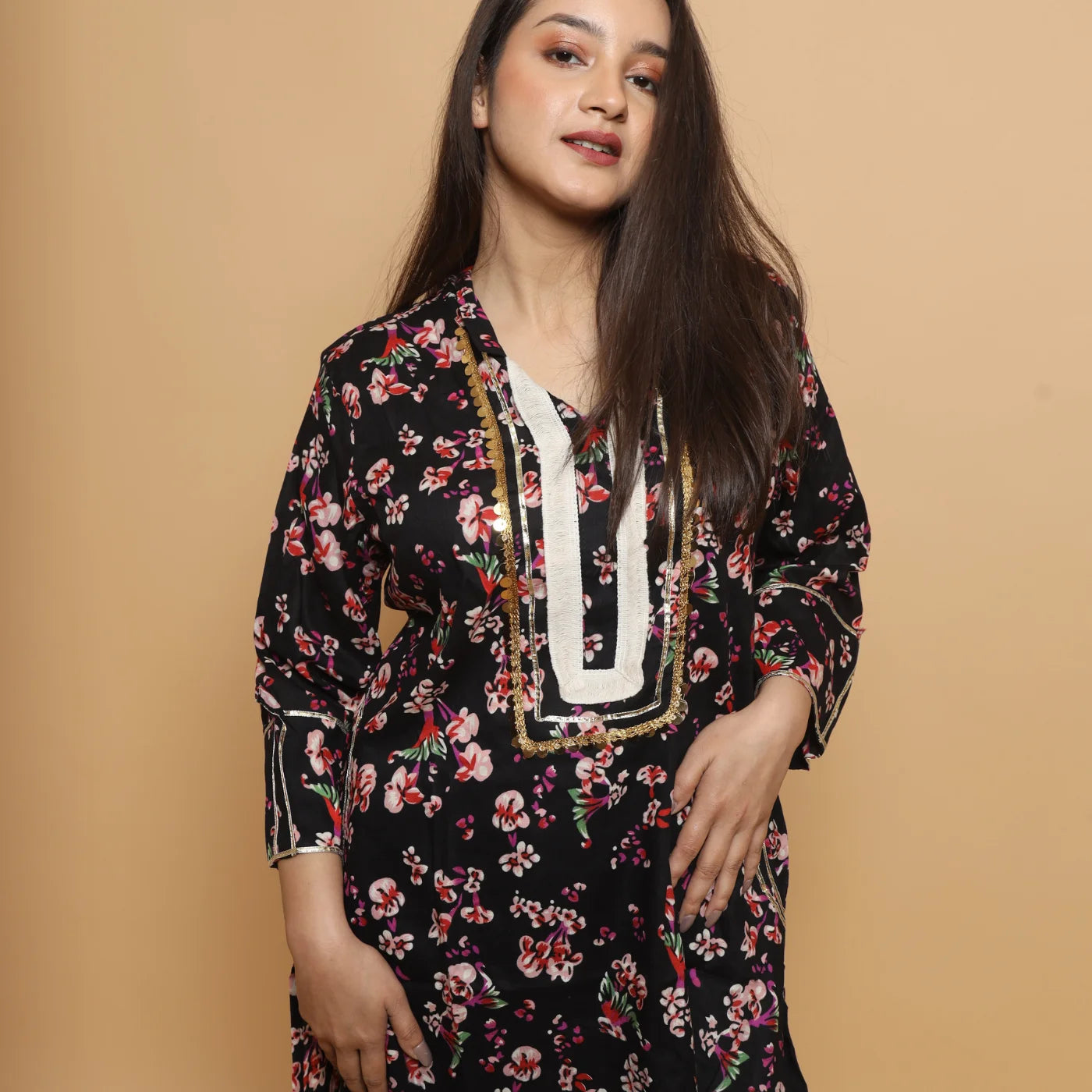 Black Cotton Kurta with Afgani