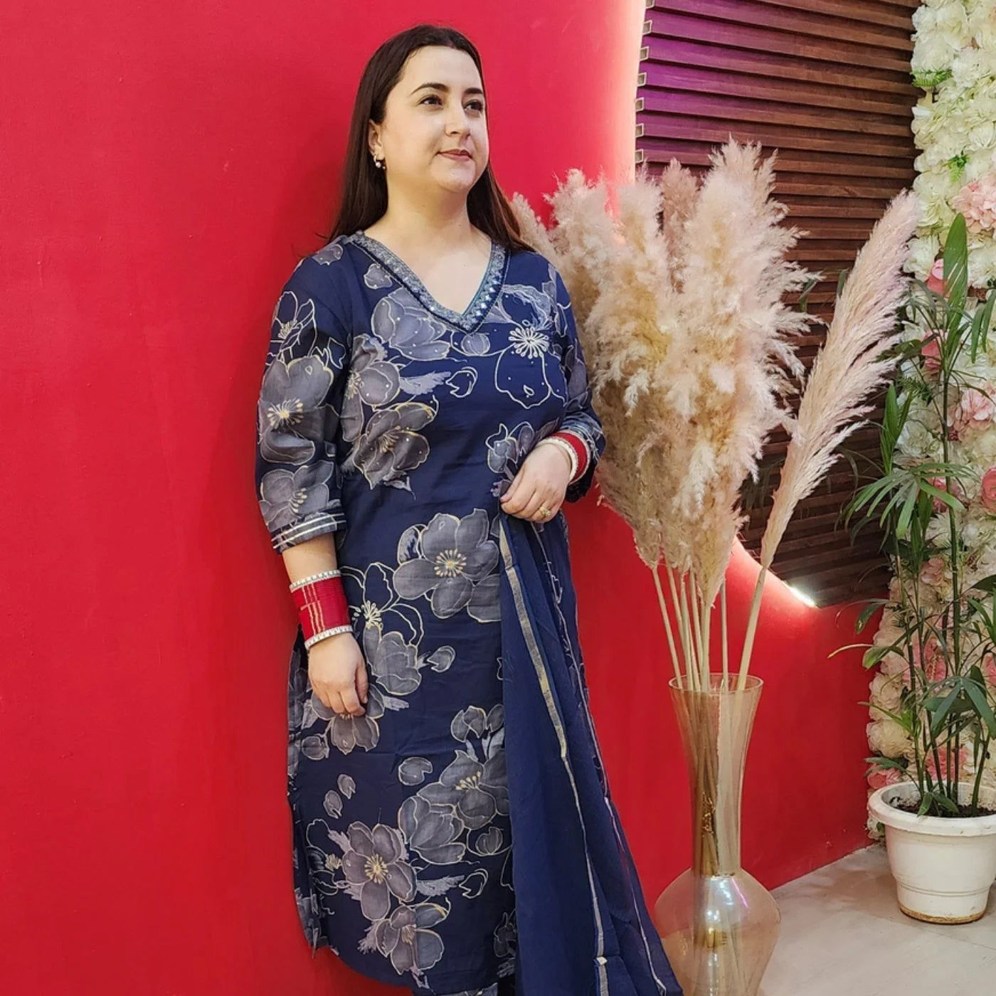 Navy Blue Cotton Suit With Grey Flowers
