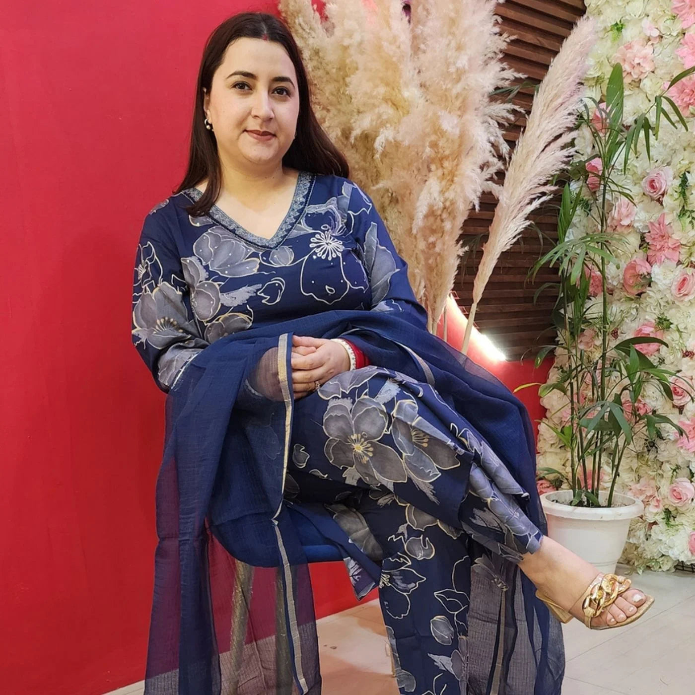 Navy Blue Cotton Suit With Grey Flowers