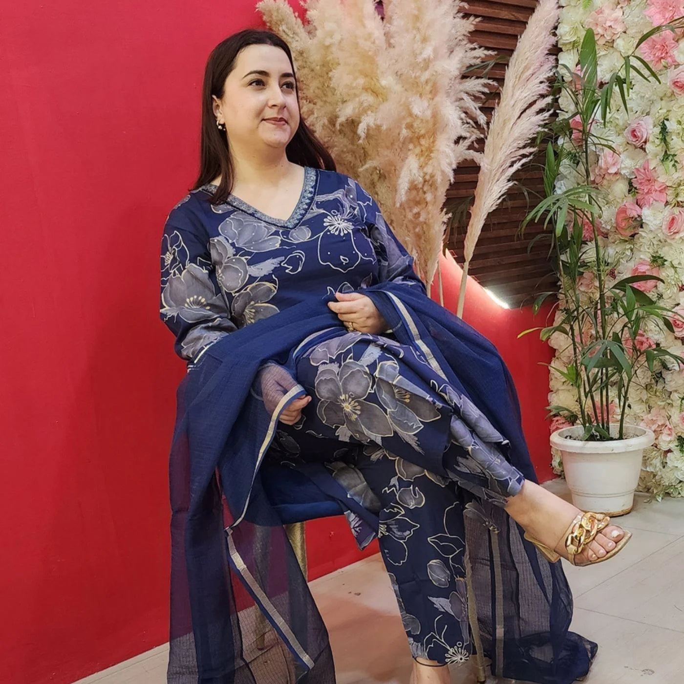 Navy Blue Cotton Suit With Grey Flowers