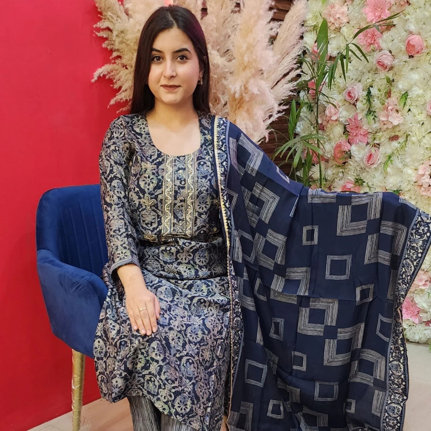 Navy Blue Digital Print Suit With Pearl Neck
