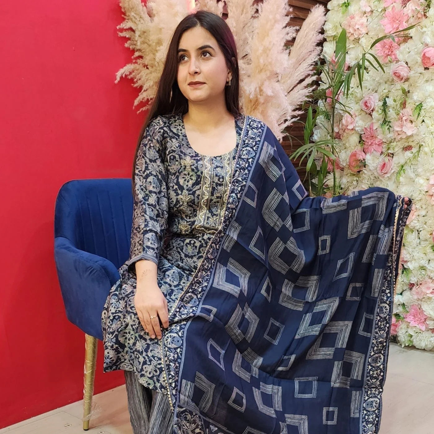 Navy Blue Digital Print Suit With Pearl Neck