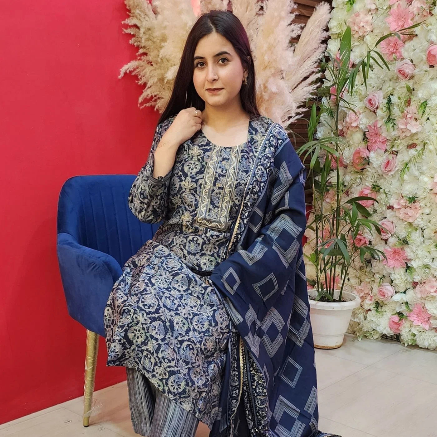 Navy Blue Digital Print Suit With Pearl Neck
