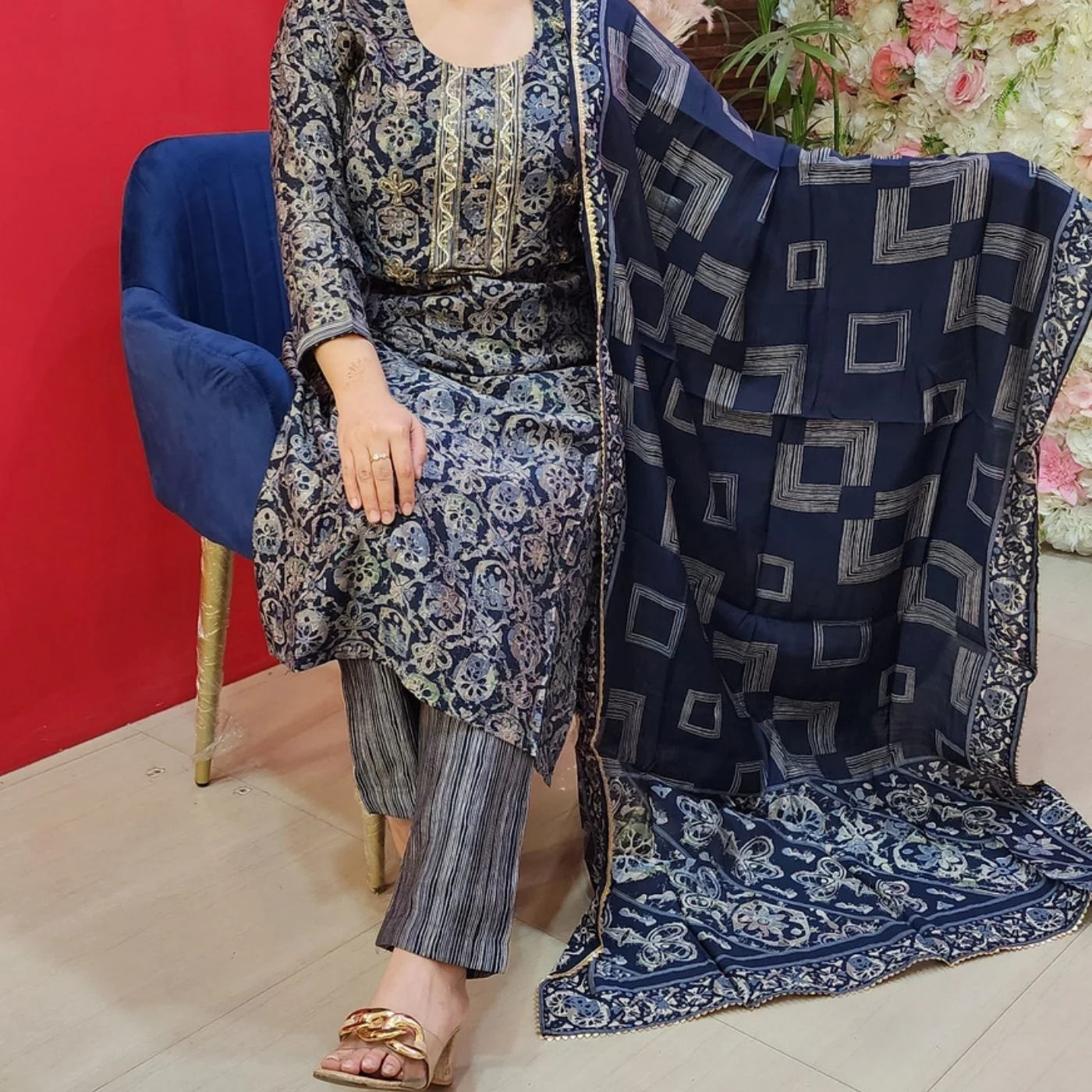 Navy Blue Digital Print Suit With Pearl Neck