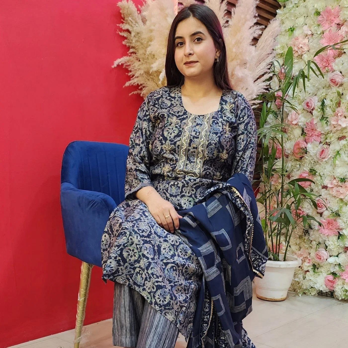 Navy Blue Digital Print Suit With Pearl Neck