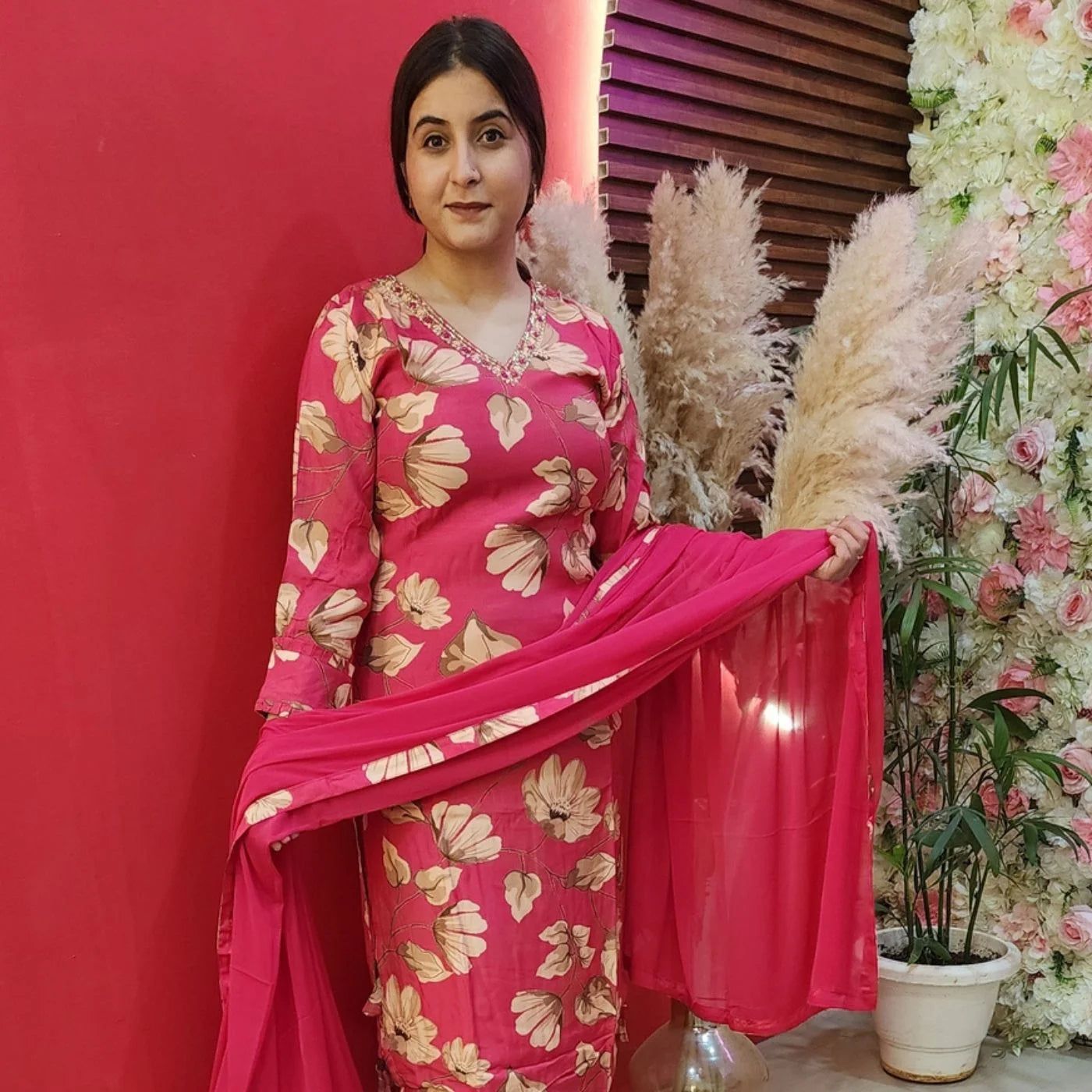 Pink Fushia Pink Floral Muslin Suit