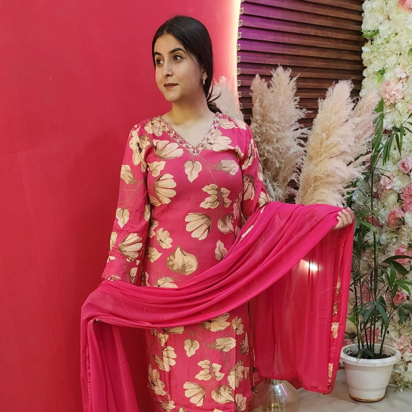 Pink Fushia Pink Floral Muslin Suit