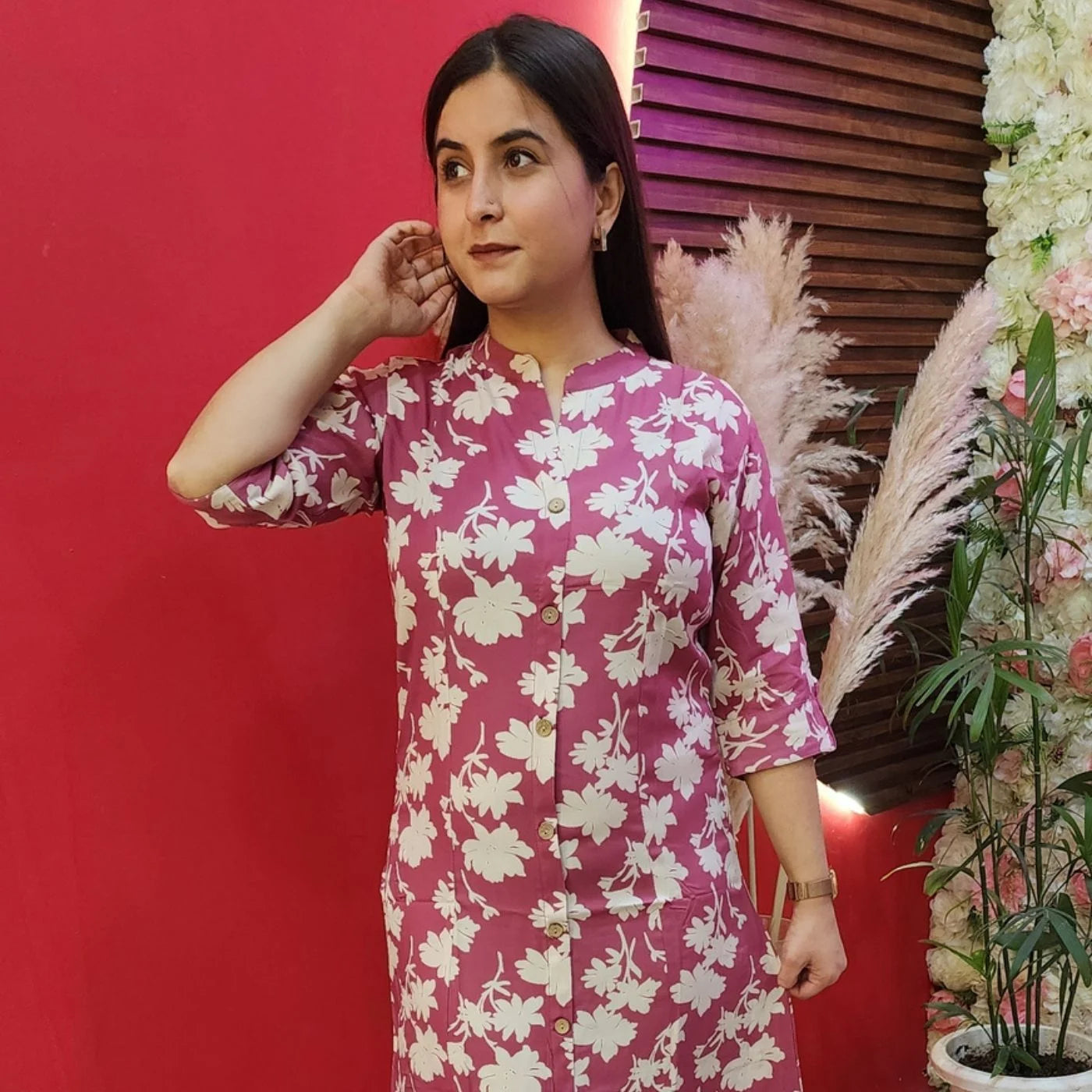 Pink With White Flower Cotton Kurti