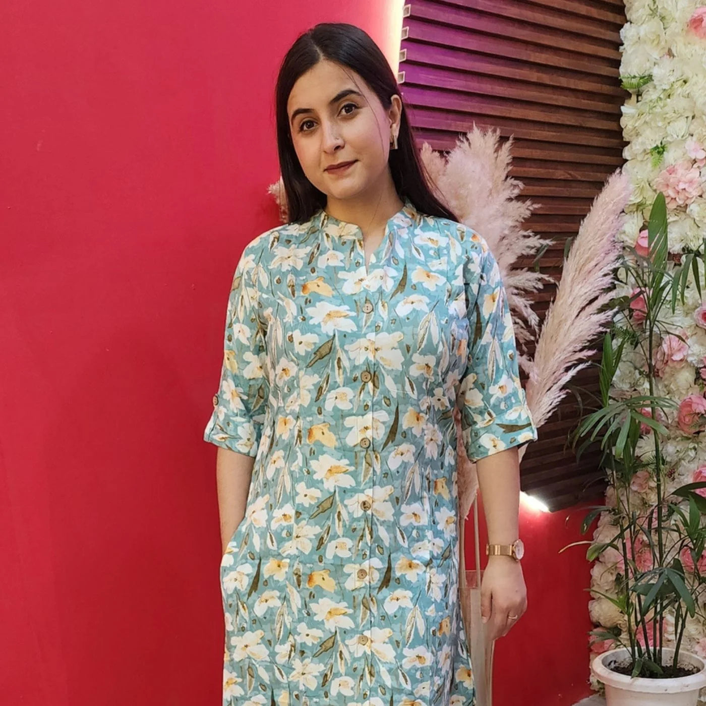 Green With White Flower Cotton Kurti