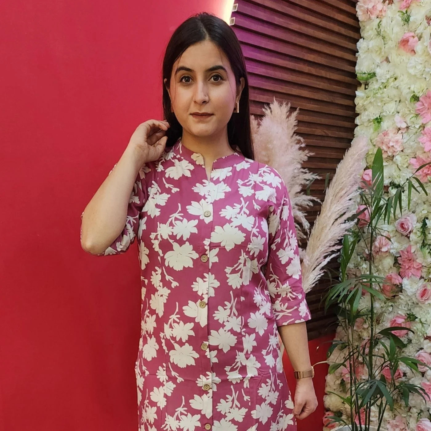 Pink With White Flower Cotton Kurti