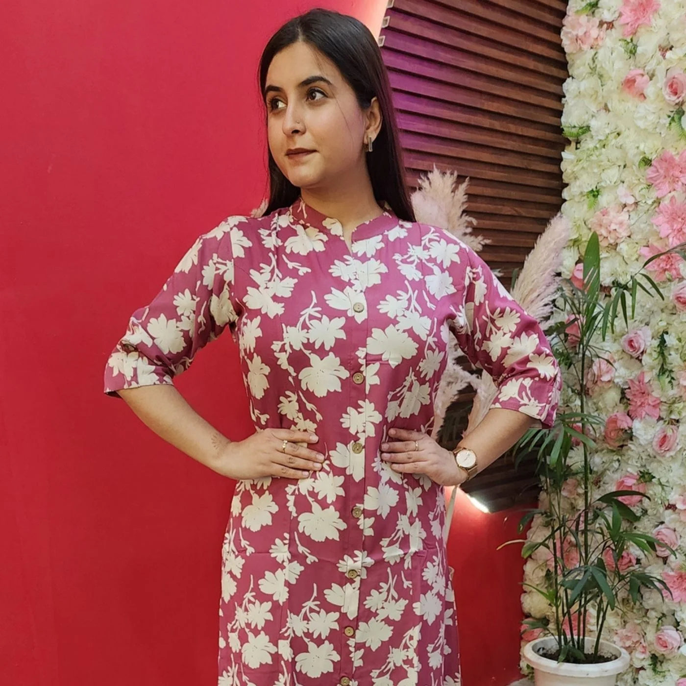 Pink With White Flower Cotton Kurti
