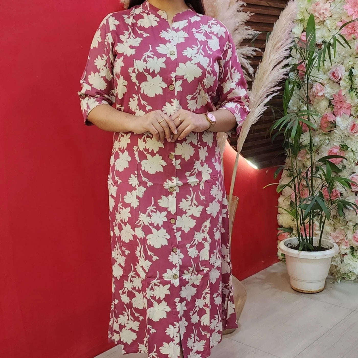 Pink With White Flower Cotton Kurti