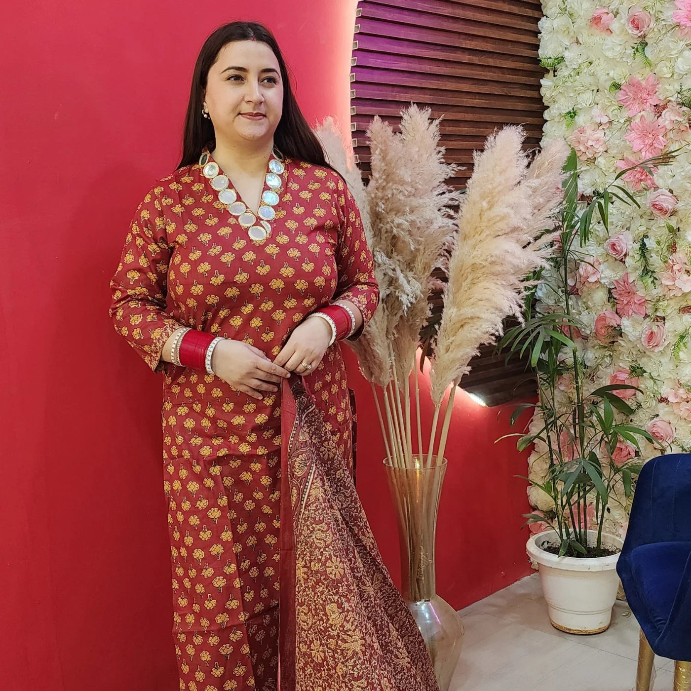 Cherry Red Cotton Suit With Mirror Work Neckline