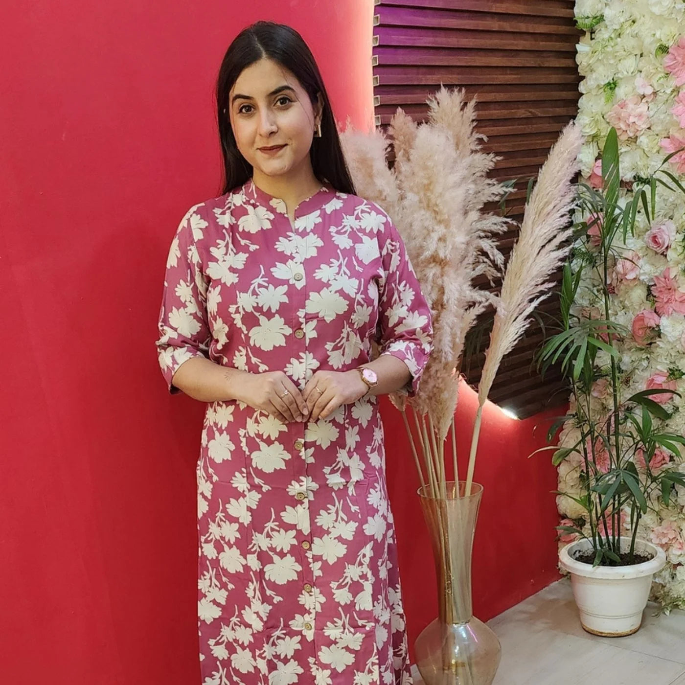 Pink With White Flower Cotton Kurti