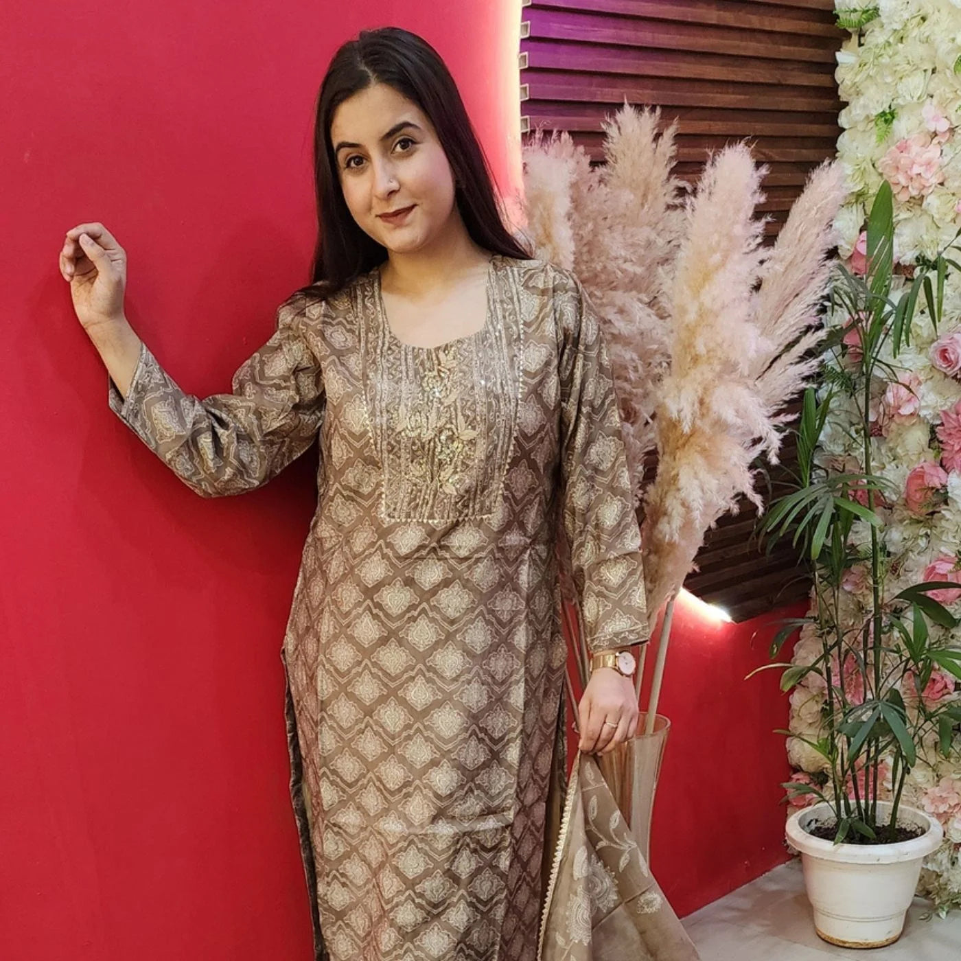 Baige Embroidery Digital Print Muslin Suit