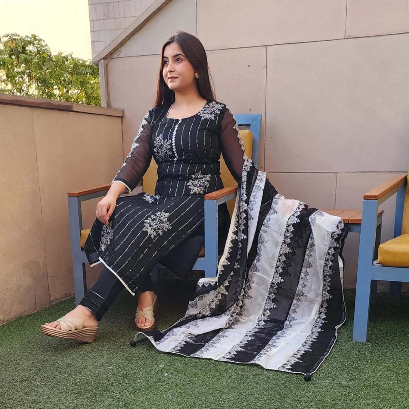 Black Work Suit with White Pants