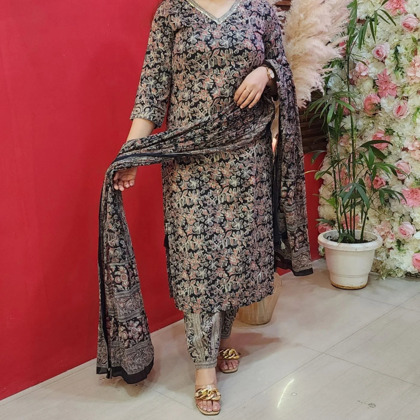 Printed Black Cotton Suit With Embroided Neck