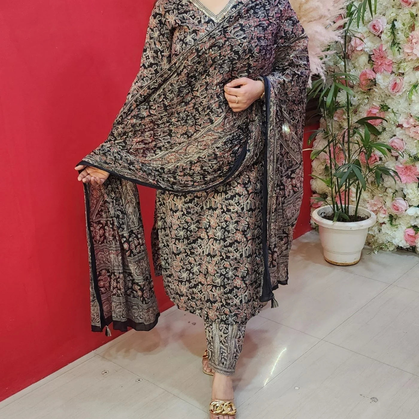 Printed Black Cotton Suit With Embroided Neck