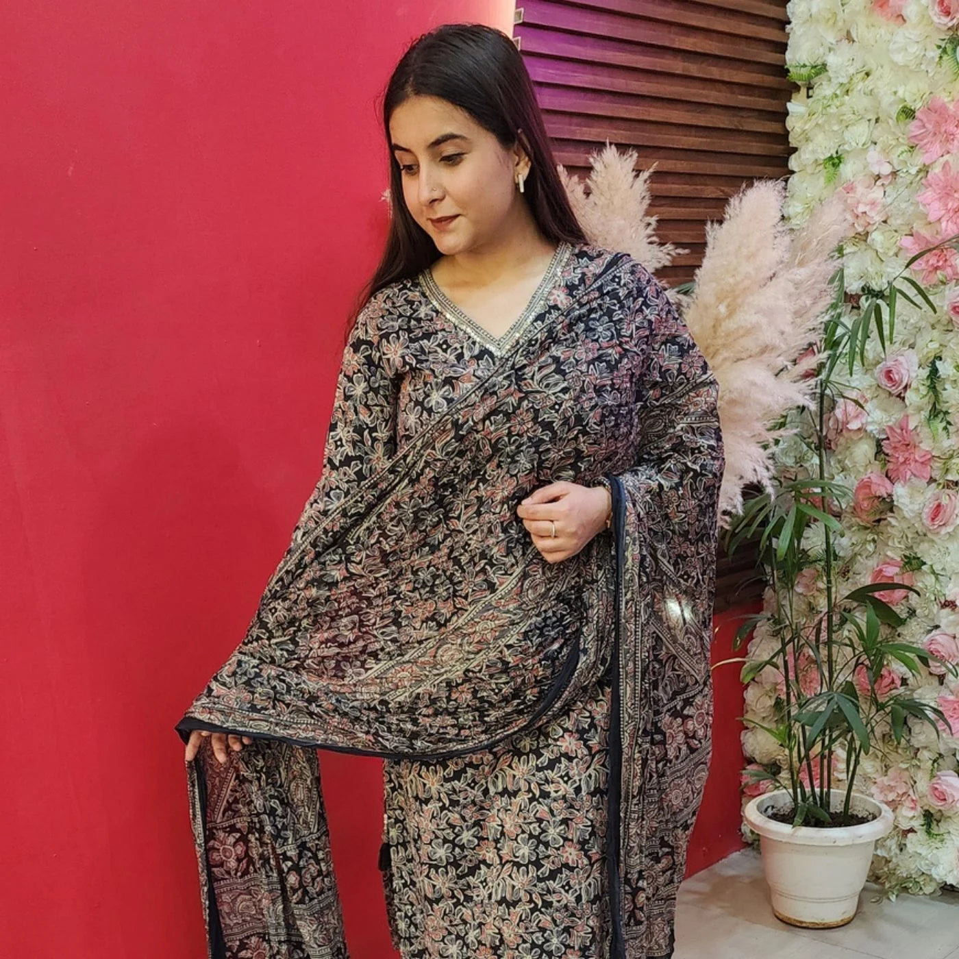 Printed Black Cotton Suit With Embroided Neck