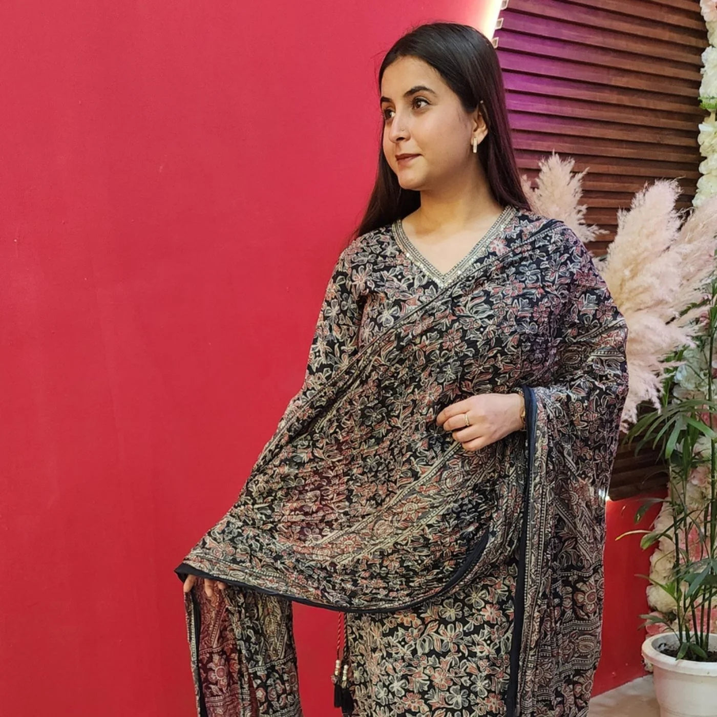 Printed Black Cotton Suit With Embroided Neck