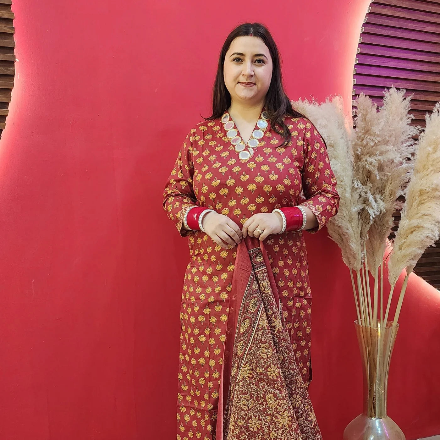 Cherry Red Cotton Suit With Mirror Work Neckline