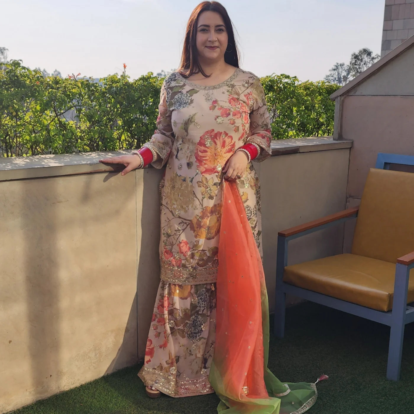 Beige Gharara Suit with Net Dupatta