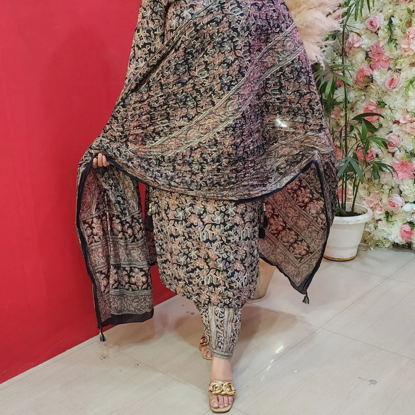 Printed Black Cotton Suit With Embroided Neck