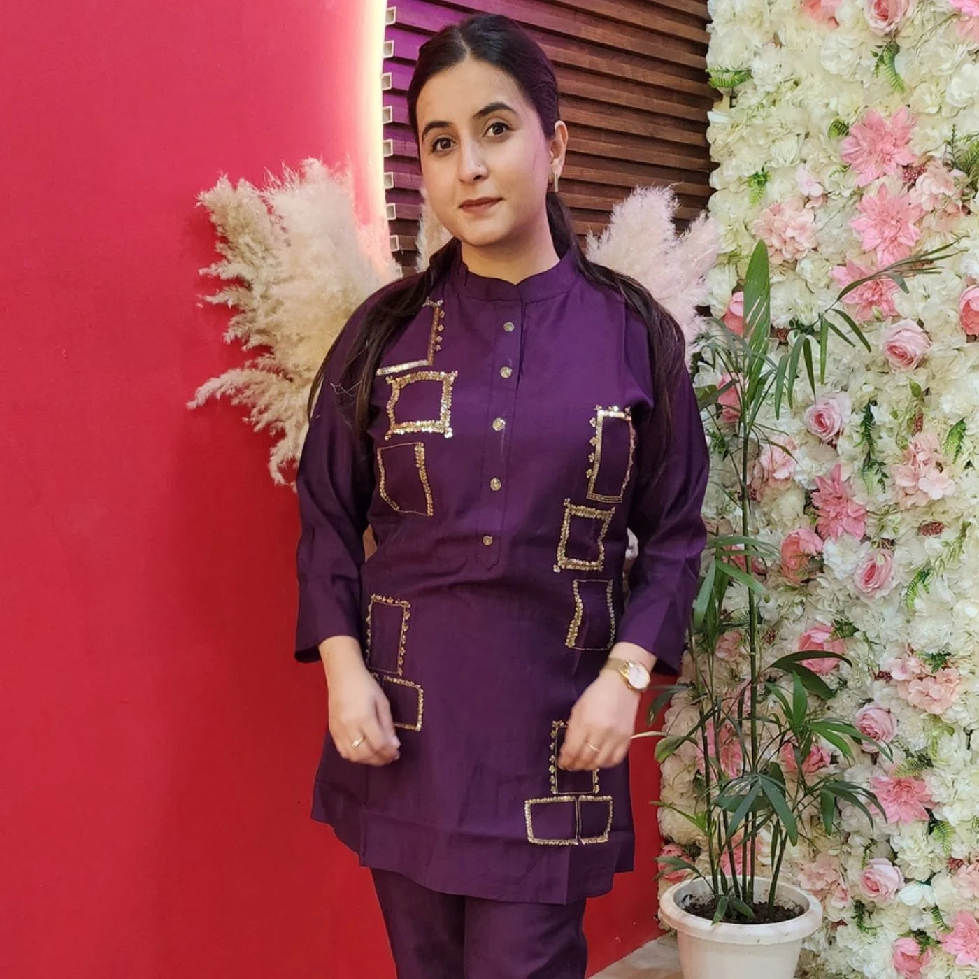 Purple Cord Set With Golden Handwork